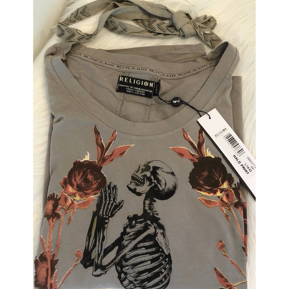 Skeleton & Roses RELIGION Neck Tie T-Shirt NWT - Picture 7 of 8
